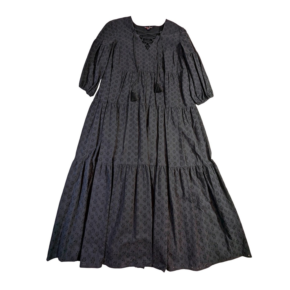 Brooks Brothers Black‎ Eyelet Lace-Up Tiered Maxi Dress Women's 4